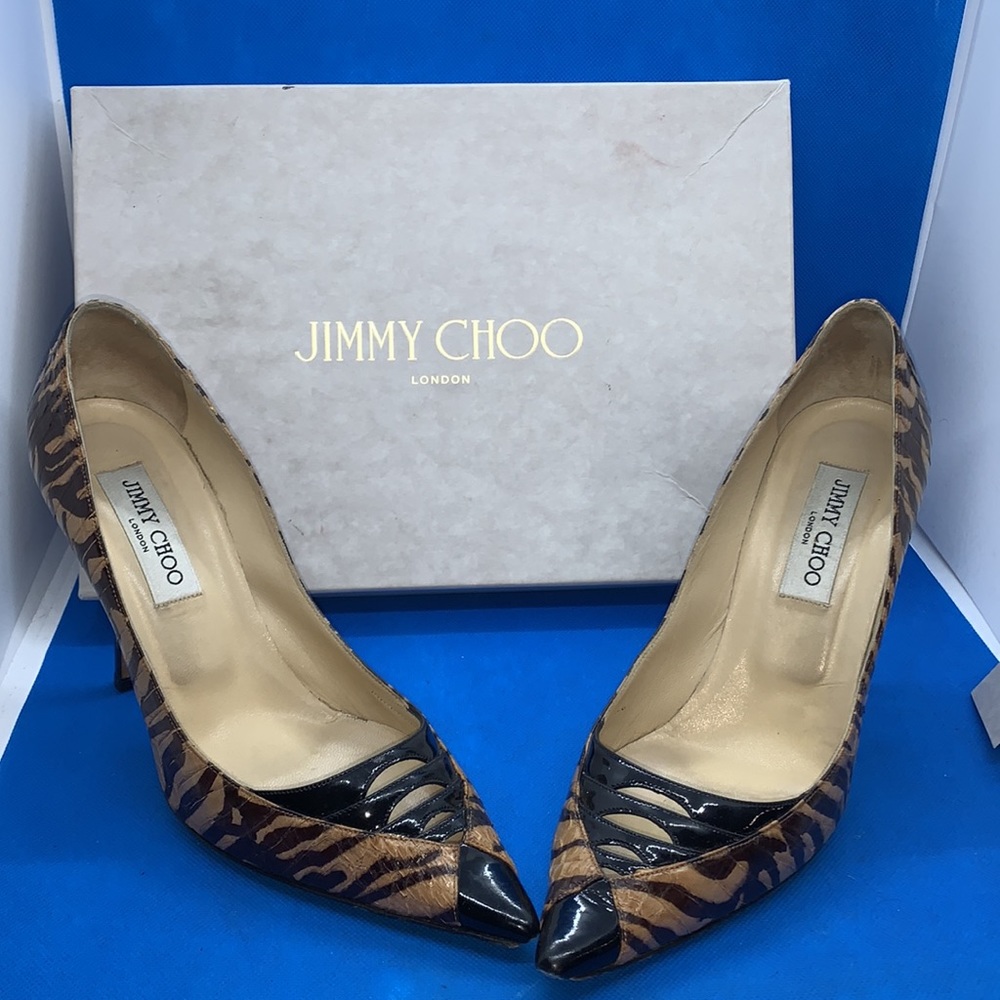 Jimmy Choo Python Zebra Black Patent Leather Heels - image 1